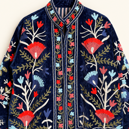 Suzani Floral Embroidery Velvet Jacket - Deep Blue