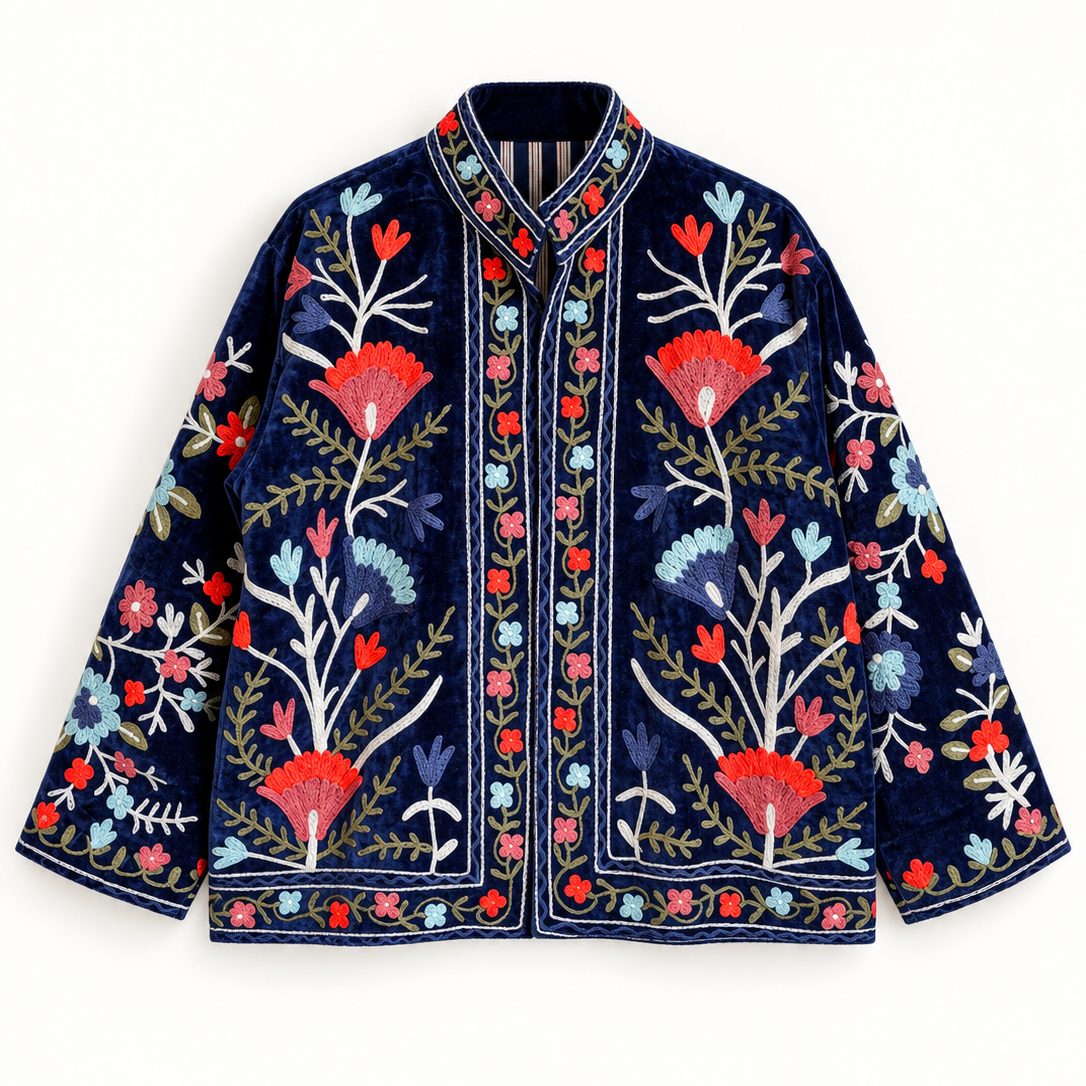 Suzani Floral Embroidery Velvet Jacket - Deep Blue