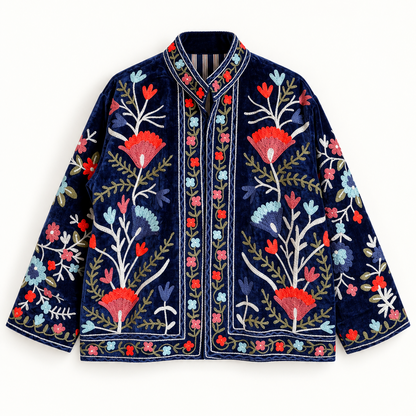 Suzani Floral Embroidery Velvet Jacket - Deep Blue