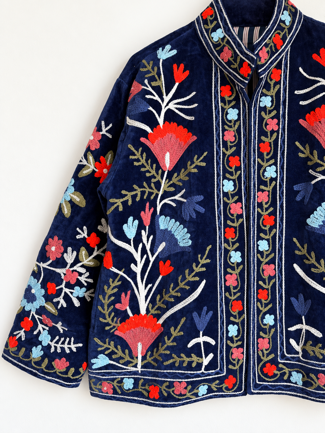 Suzani Floral Embroidery Velvet Jacket - Deep Blue