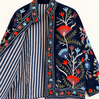 Suzani Floral Embroidery Velvet Jacket - Deep Blue