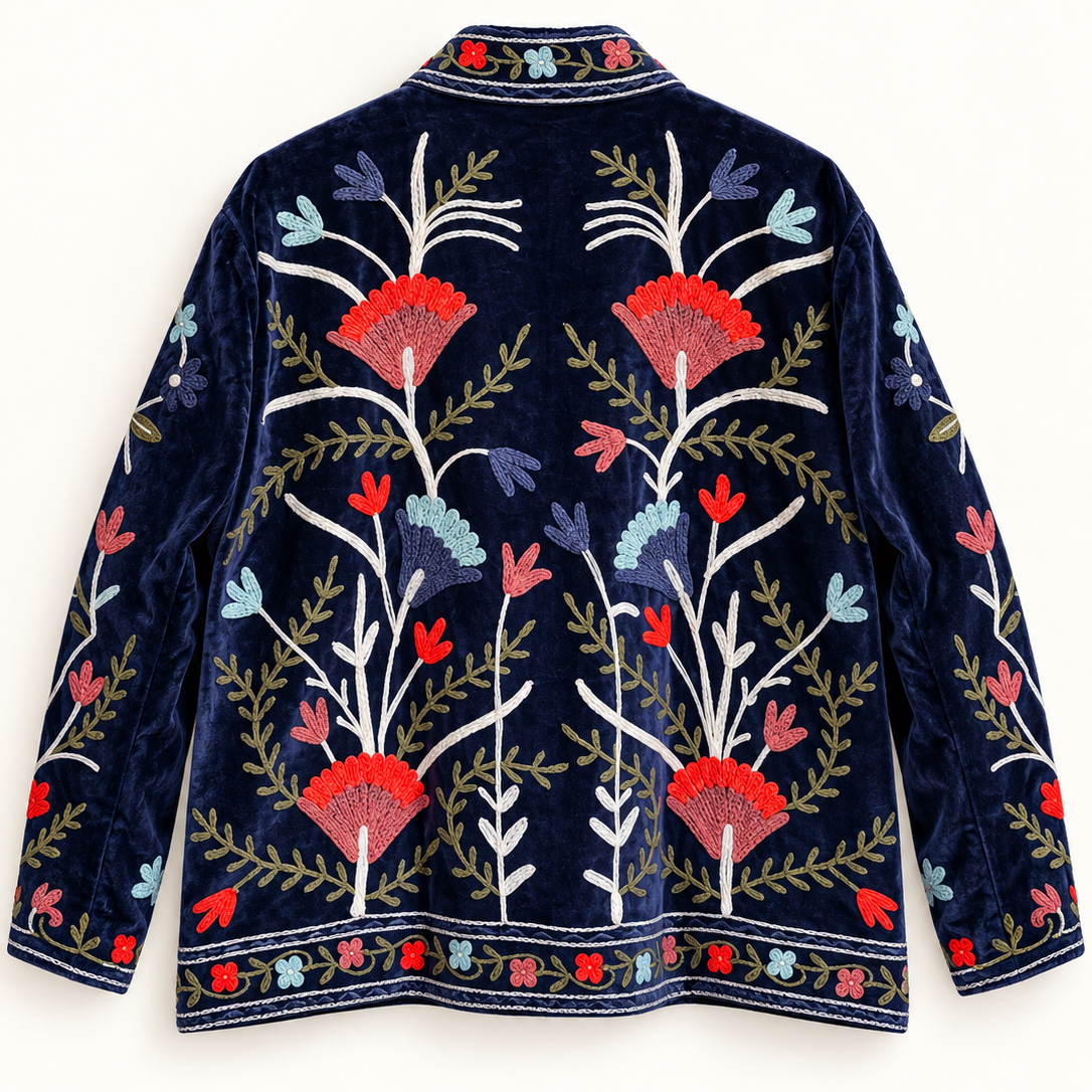Suzani Floral Embroidery Velvet Jacket - Deep Blue