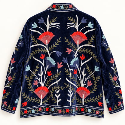 Suzani Floral Embroidery Velvet Jacket - Deep Blue