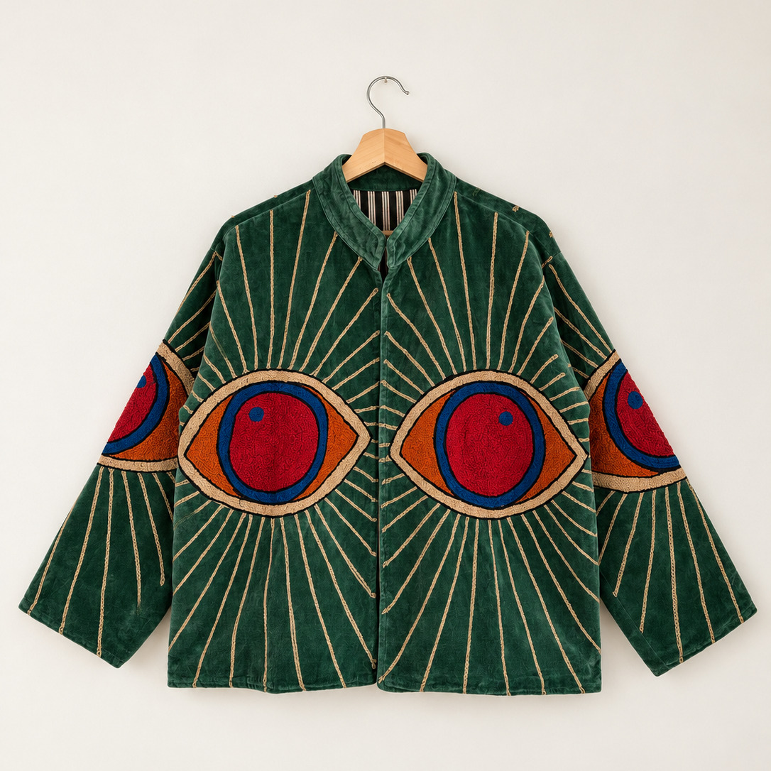 Green Suzani Embroidered Velvet Jacket
