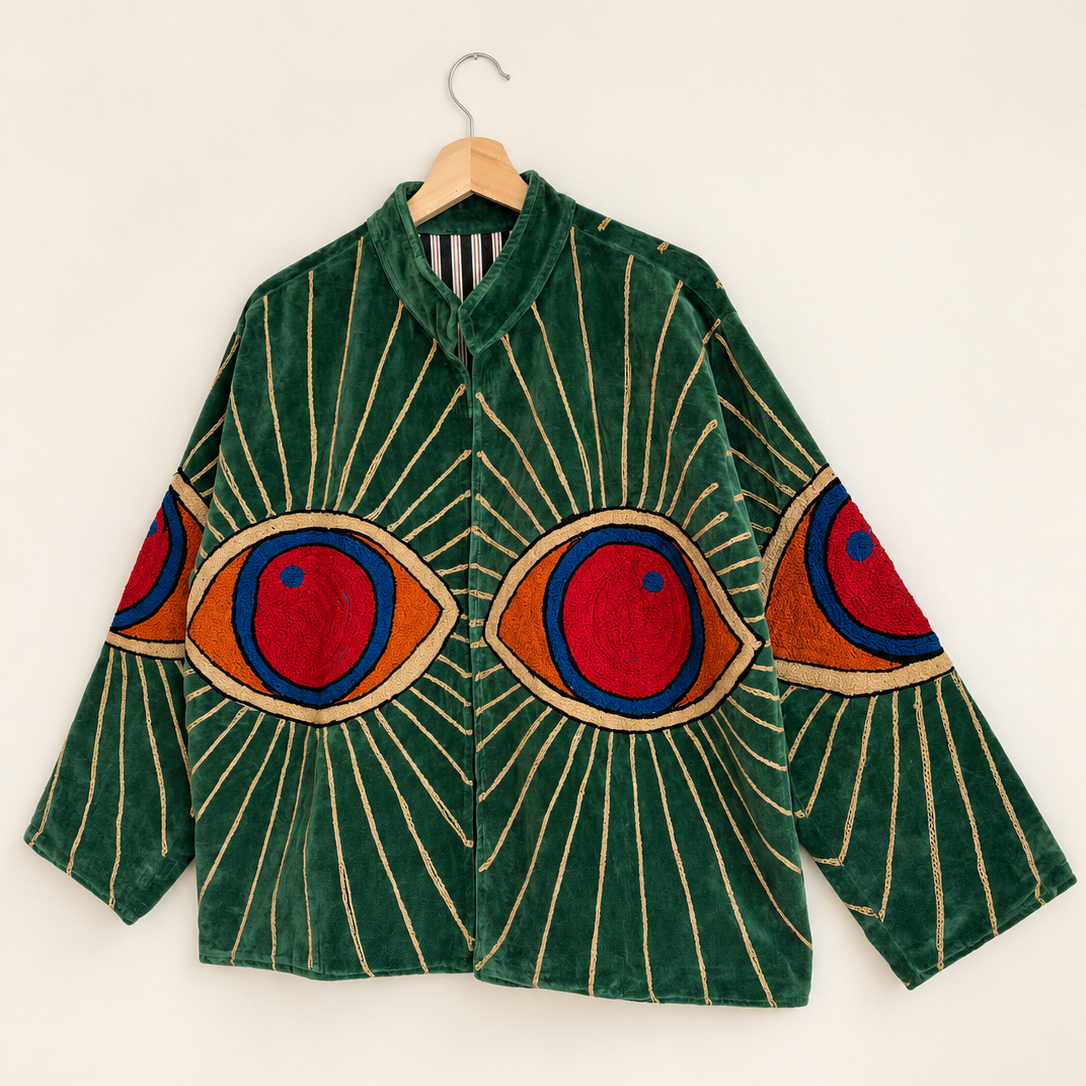 Green Suzani Embroidered Velvet Jacket