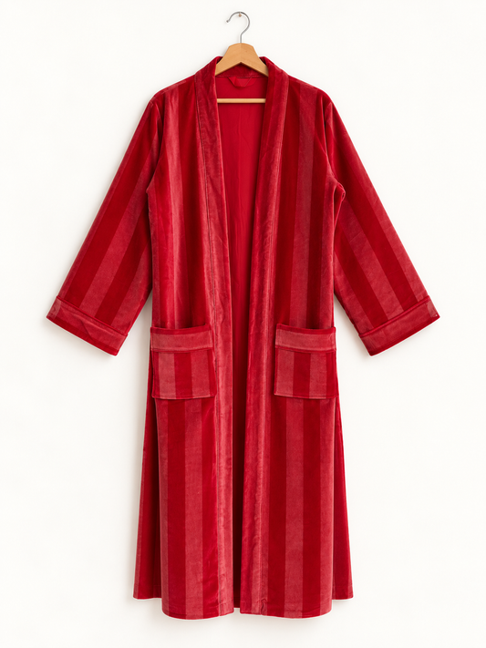 Red & Pink Striped Velvet Kimono Robe
