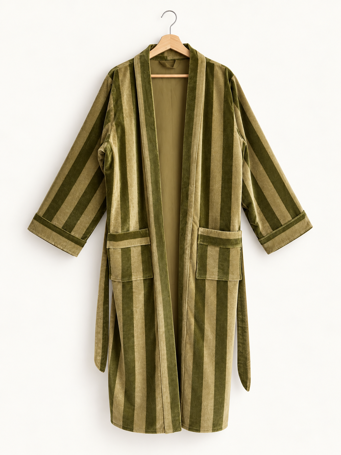 Olive Striped Velvet Robe Long Belted Kimono Duster
