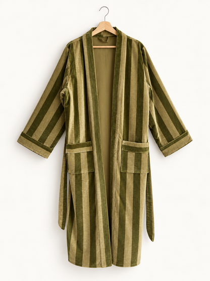Olive Striped Velvet Robe Long Belted Kimono Duster