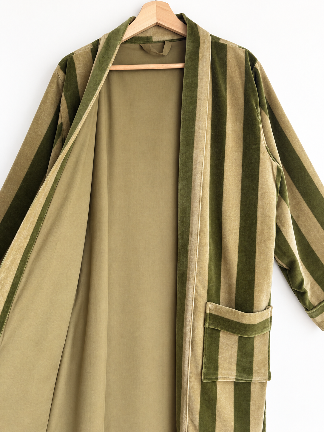 Olive Striped Velvet Robe Long Belted Kimono Duster