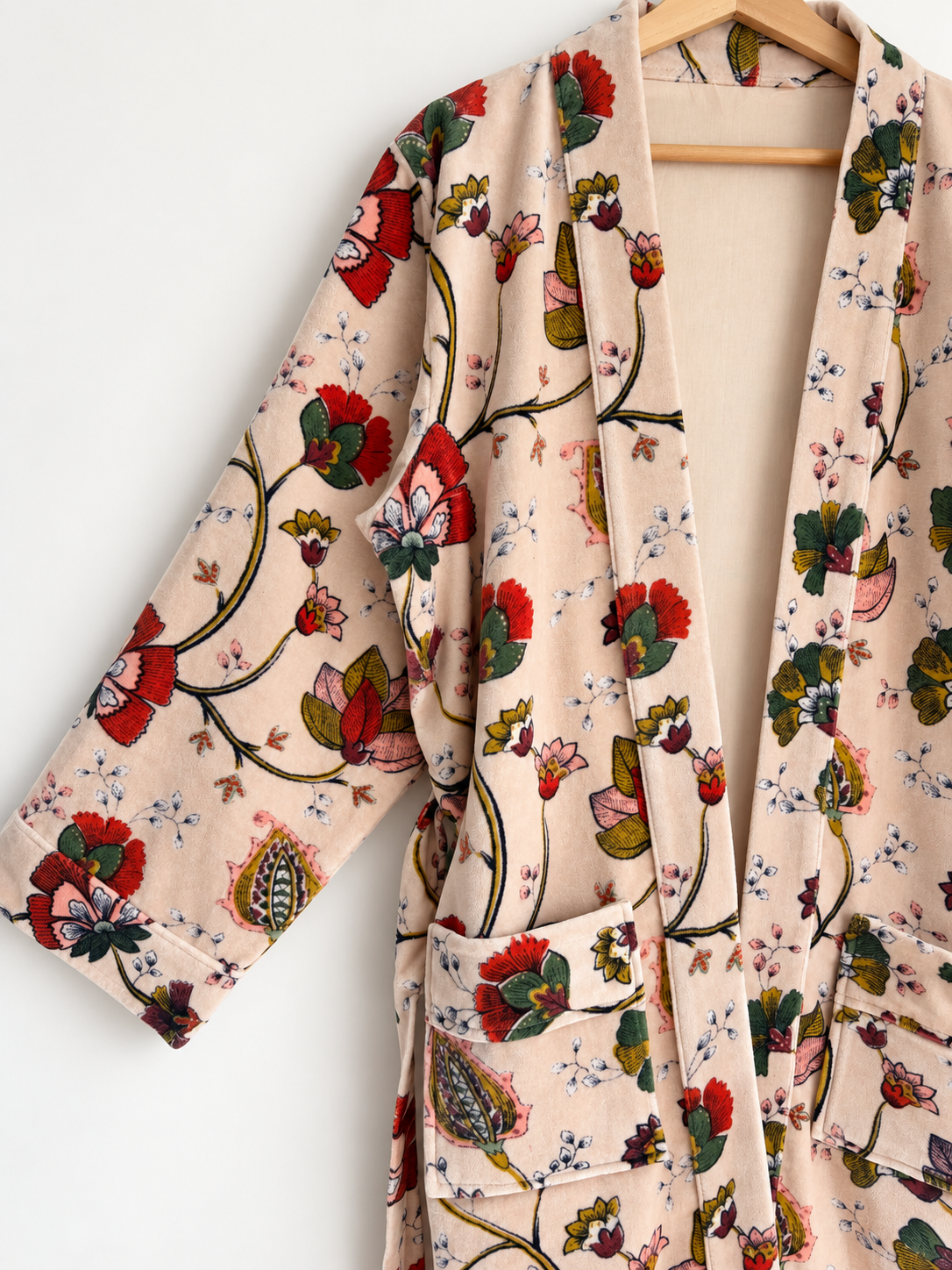 Beige Floral Velvet Kimono Robe