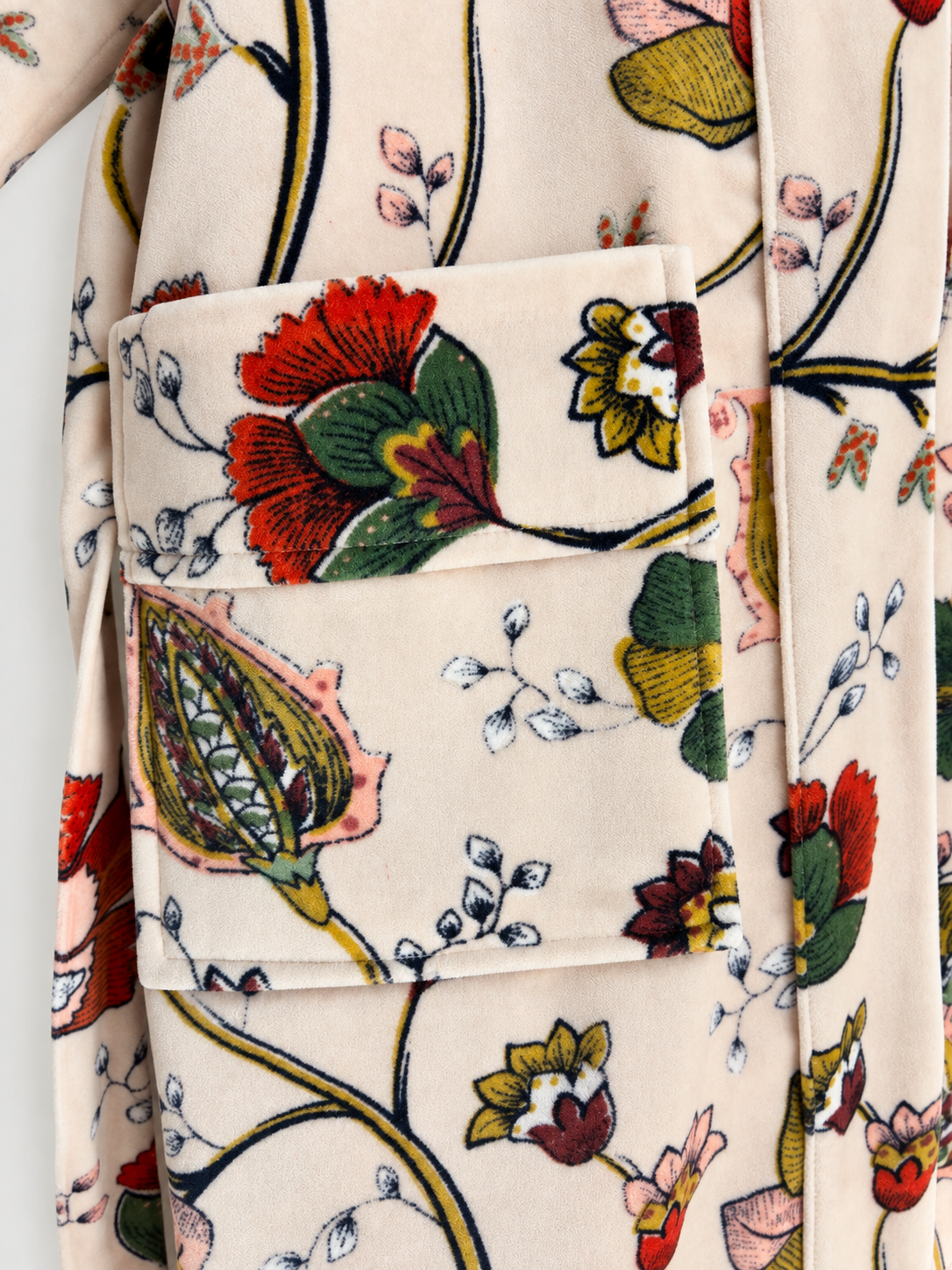 Beige Floral Velvet Kimono Robe