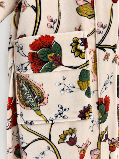 Beige Floral Velvet Kimono Robe