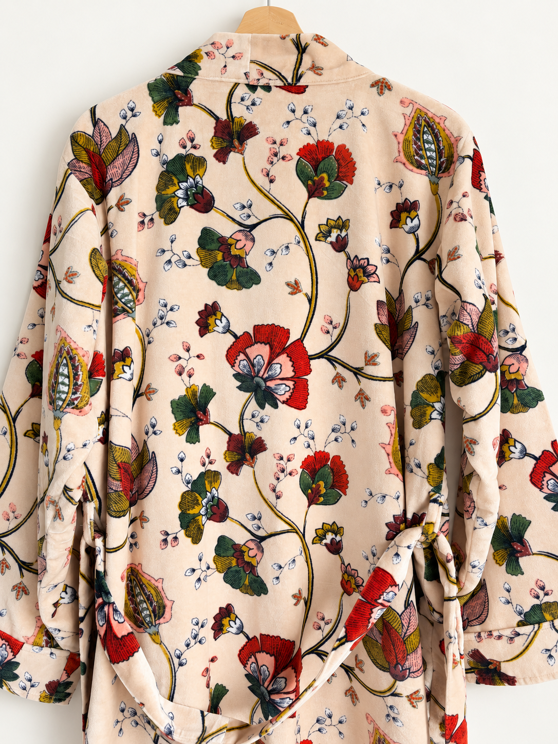 Beige Floral Velvet Kimono Robe