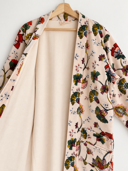 Beige Floral Velvet Kimono Robe