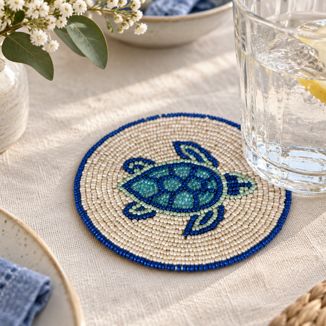 Sea Turtle Beaded Coaster – Handmade Coastal Homeware