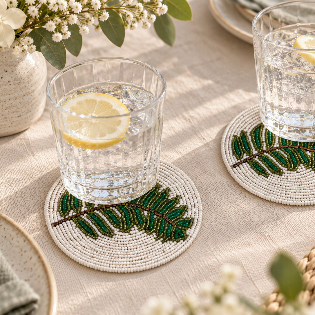 Handmade Green Leaf Beaded Coaster | Botanical Table Décor