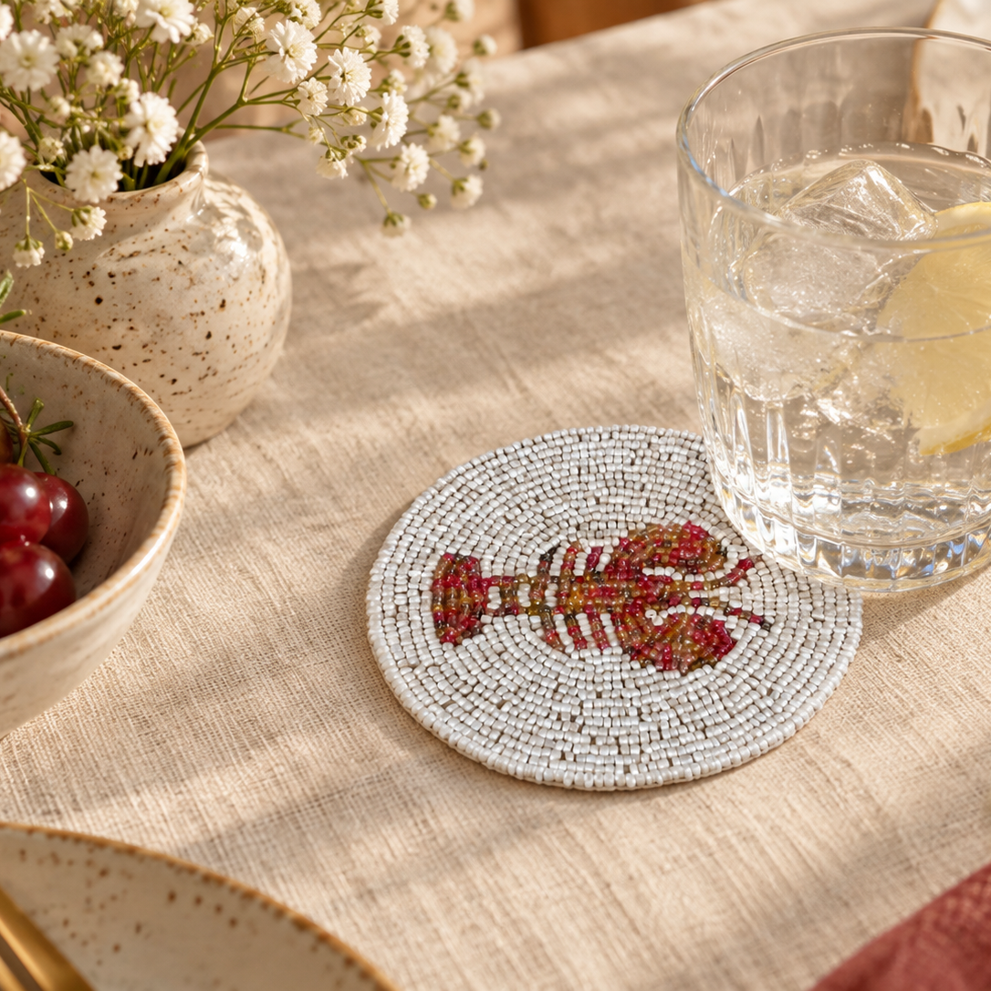 Lobster Beaded Coaster – Handmade Coastal Table Décor