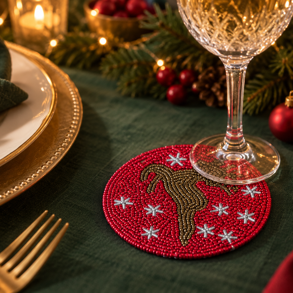 Red beaded coasters featuring a Reindeer silhouette and white star details. 