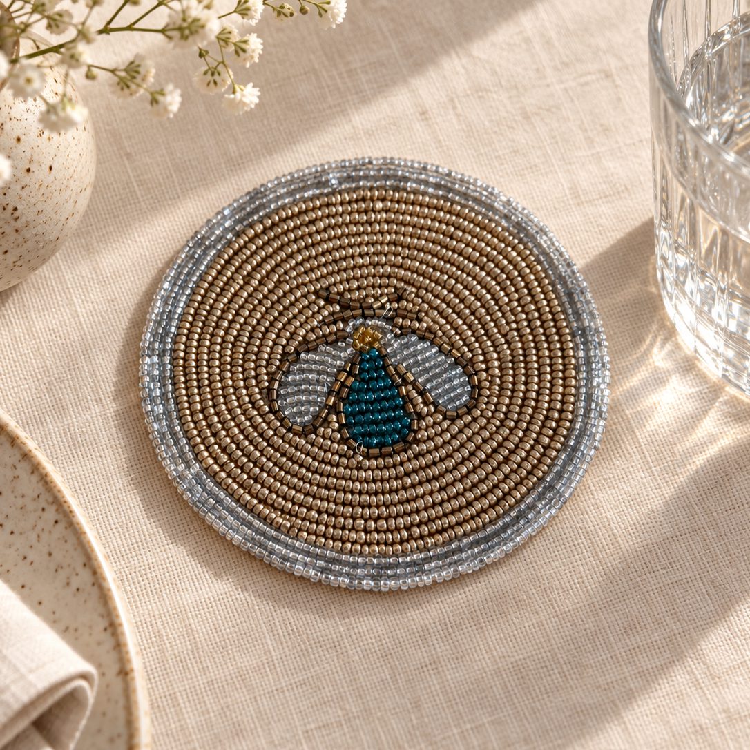 Hand-Beaded Bee Coaster – Gold & Teal