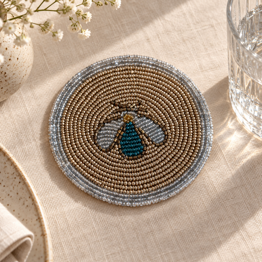Hand-Beaded Bee Coaster – Gold & Teal