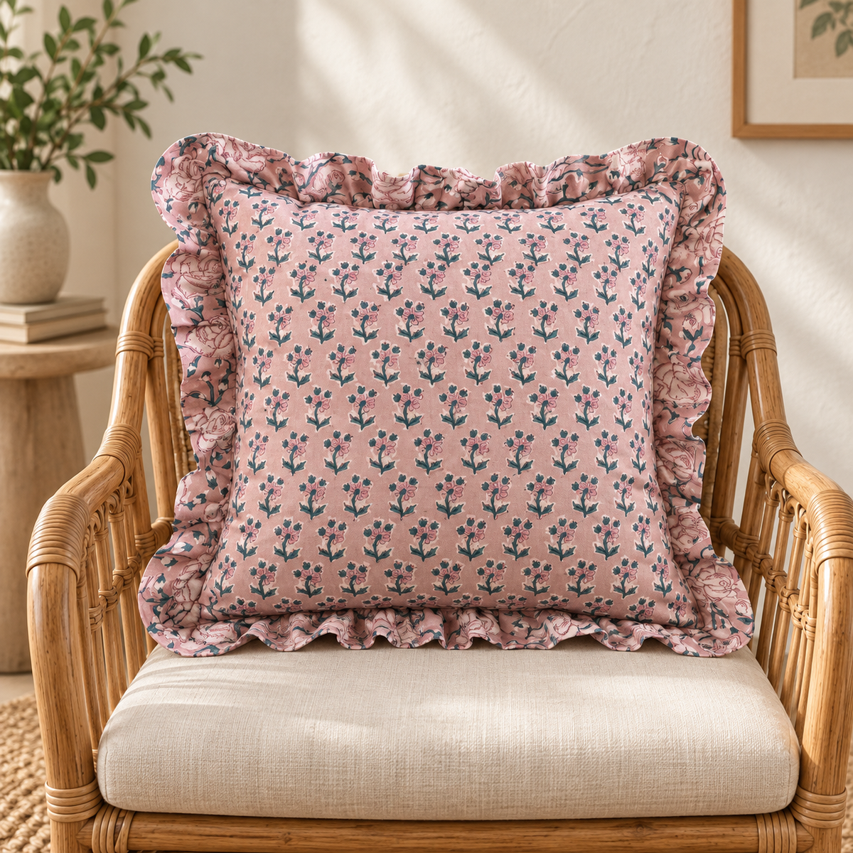 Pink Floral Ruffle Cushion Cover