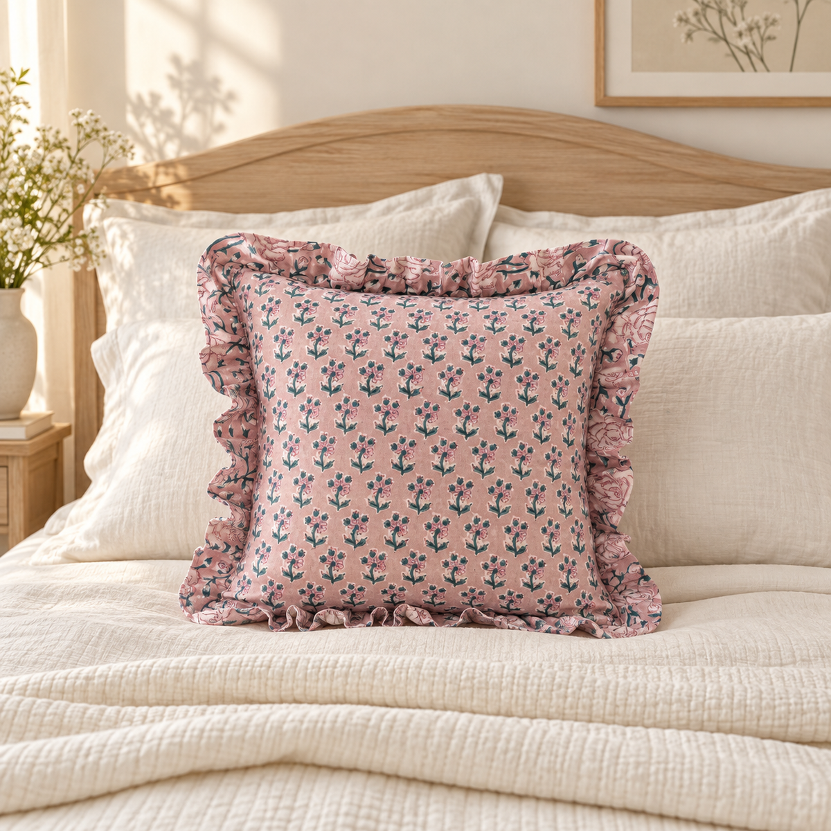 Pink Floral Ruffle Cushion Cover