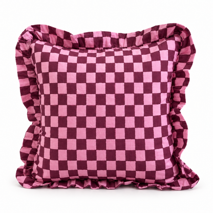 Pink and deep burgundy checkerboard design cushion covers