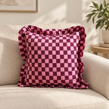 Pink and deep burgundy checkerboard design cushion covers