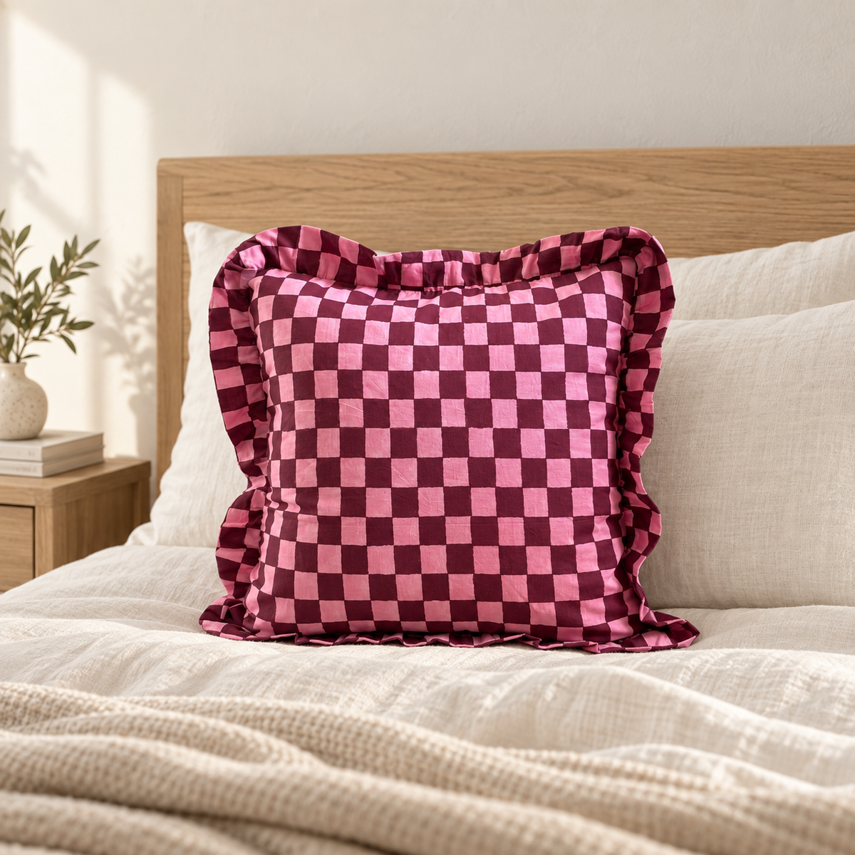 Pink and deep burgundy checkerboard design cushion covers