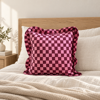 Pink and deep burgundy checkerboard design cushion covers