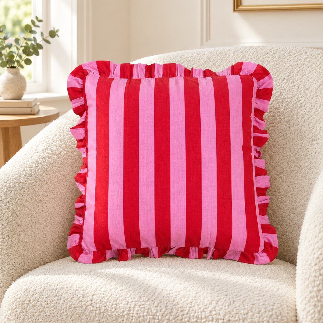 Red & Pink Striped Ruffle Cushion COVER