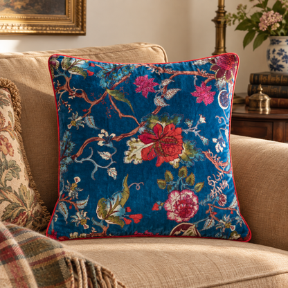 Velvet Floral Cushion Cover - Blue 