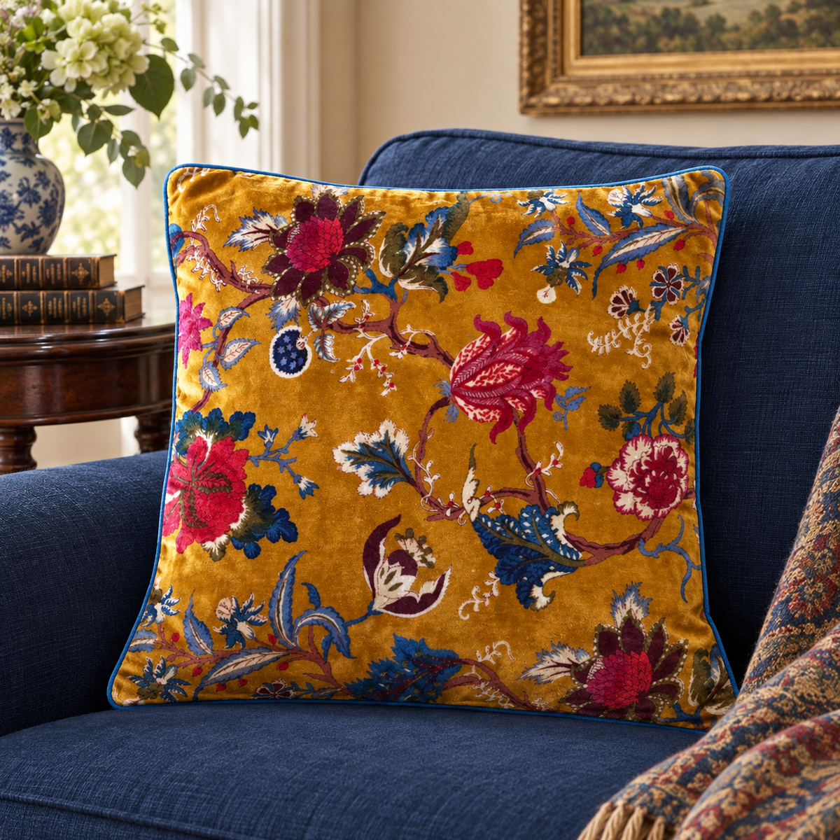 Velvet Floral Cushion Cover - Mustard