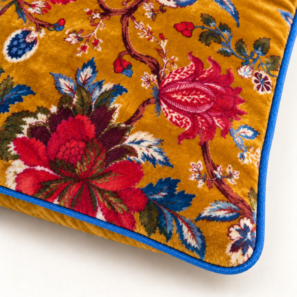 Velvet Floral Cushion Cover - Mustard