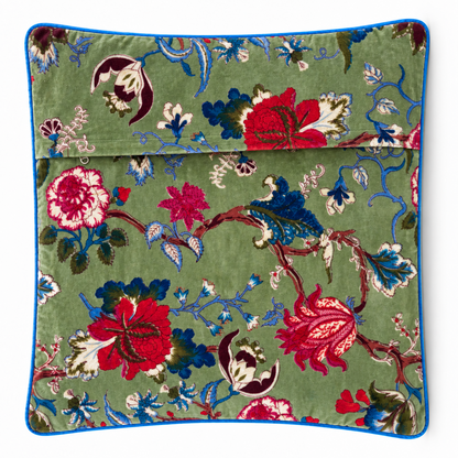 Velvet Floral Cushion Cover - Green