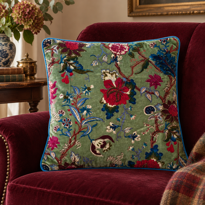 Velvet Floral Cushion Cover - Green