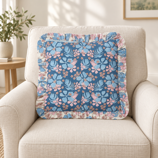Blue & Pink Floral Ruffle Cotton Cushion Cover