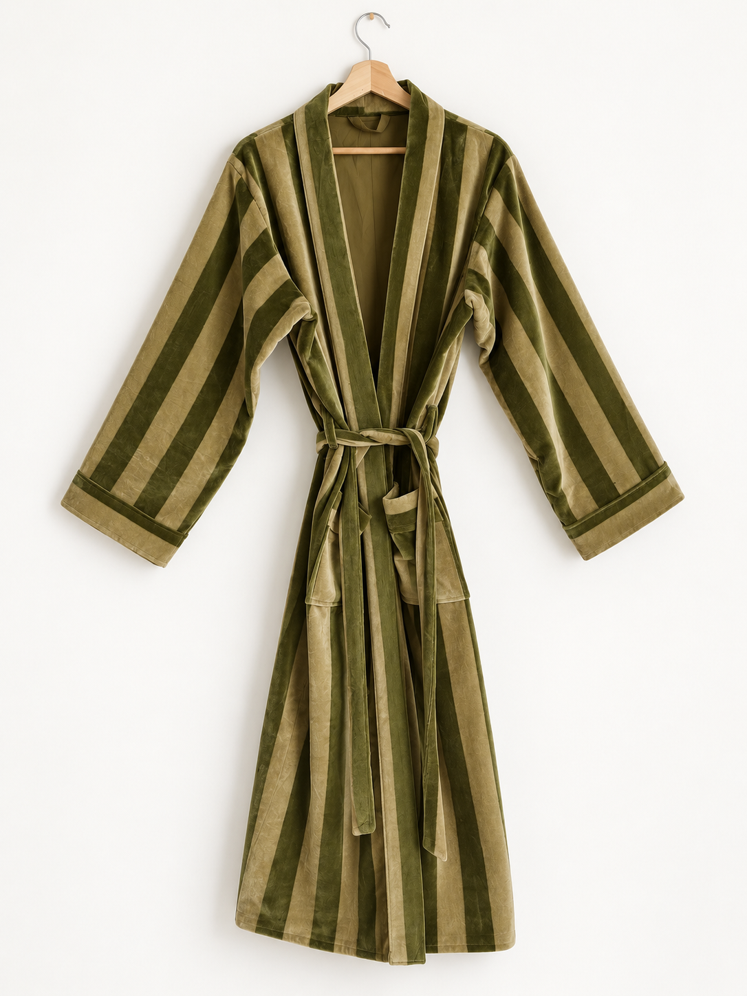 Olive Striped Velvet Robe Long Belted Kimono Duster