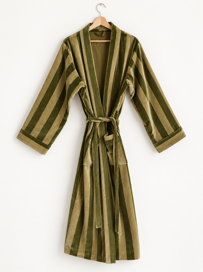 Olive Striped Velvet Robe Long Belted Kimono Duster