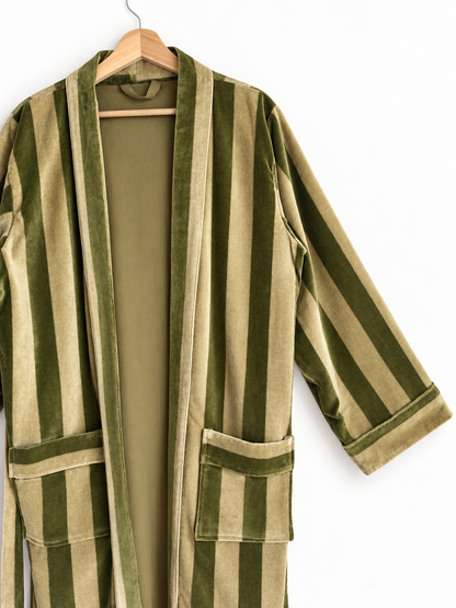 Olive Striped Velvet Robe Long Belted Kimono Duster