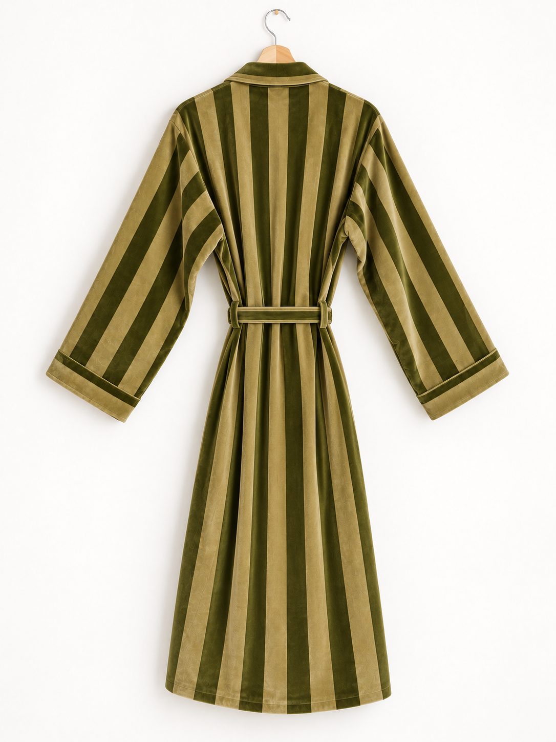 Olive Striped Velvet Robe Long Belted Kimono Duster