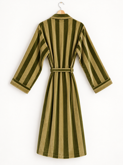 Olive Striped Velvet Robe Long Belted Kimono Duster