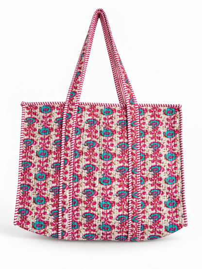 Cream n Pink Floral Cotton Quilted Tote Bag