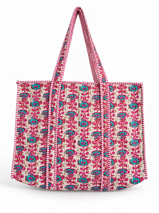 Cream n Pink Floral Cotton Quilted Tote Bag