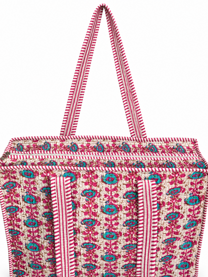 Cream n Pink Floral Cotton Quilted Tote Bag