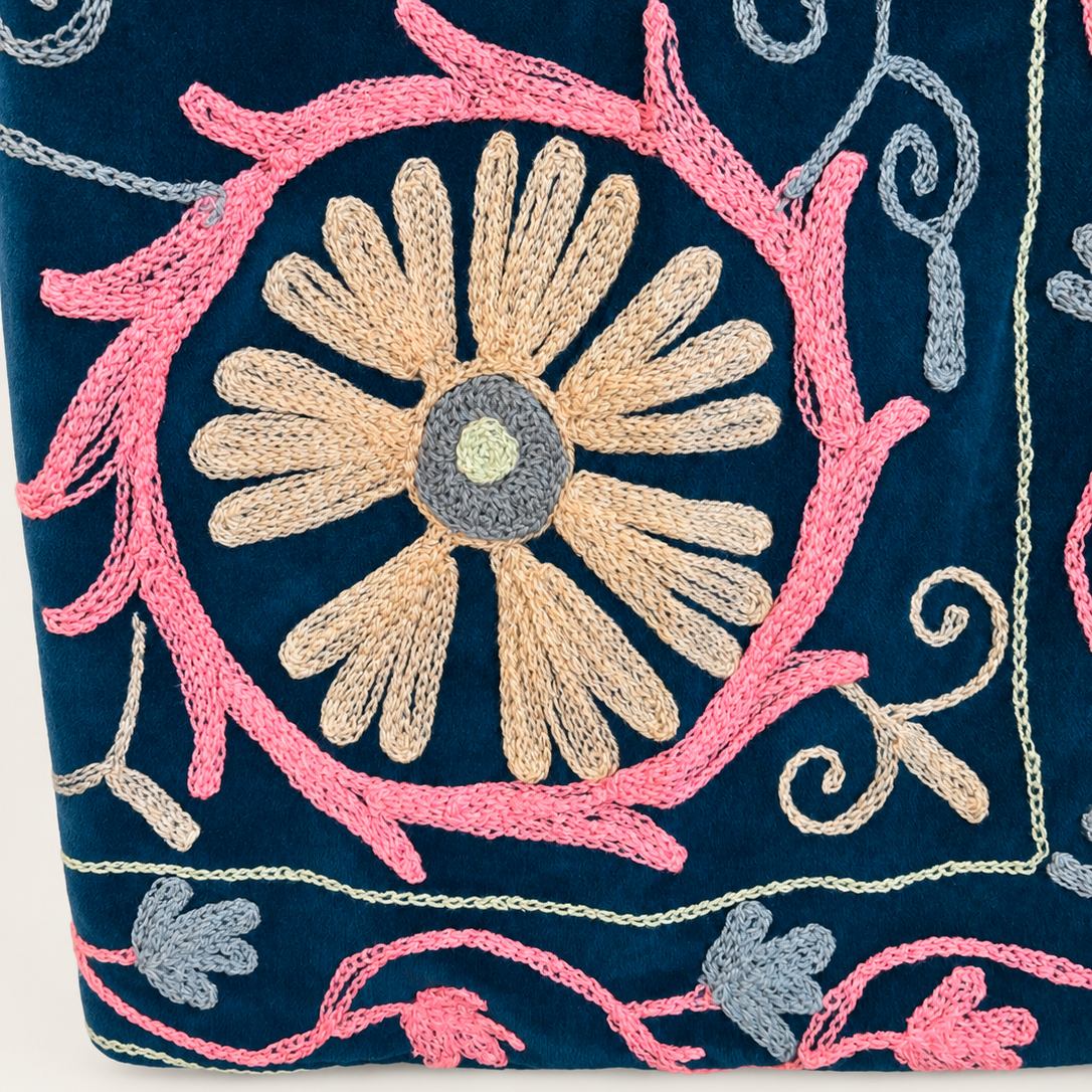 Teal Velvet Suzani Jacket with Pastel Floral Embroidery