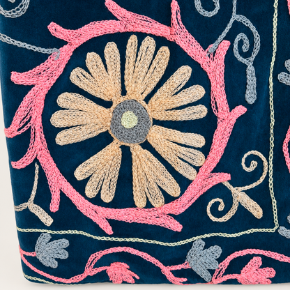 Teal Velvet Suzani Jacket with Pastel Floral Embroidery