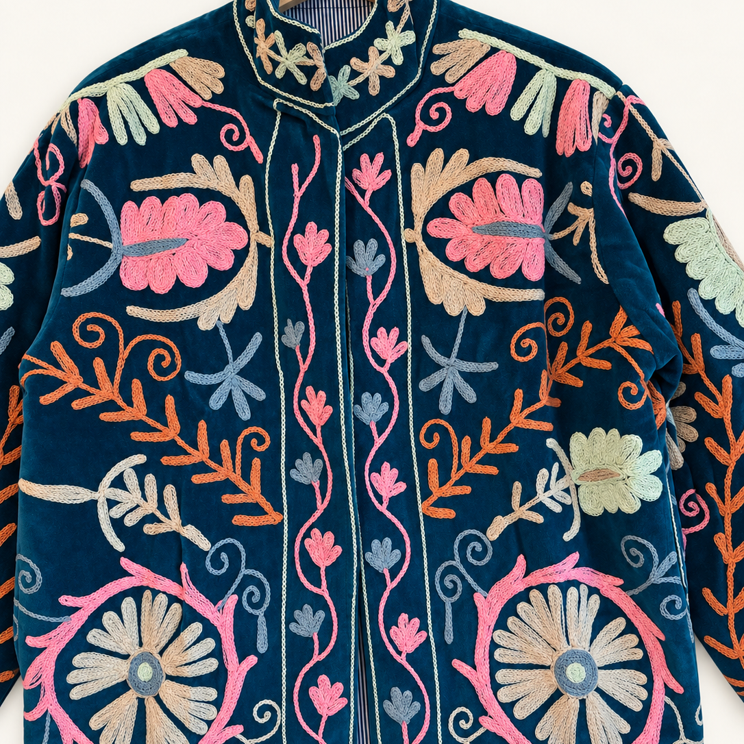 Teal Velvet Suzani Jacket with Pastel Floral Embroidery
