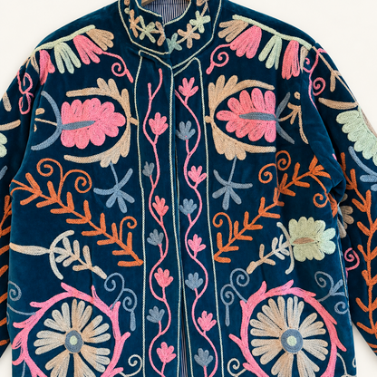 Teal Velvet Suzani Jacket with Pastel Floral Embroidery