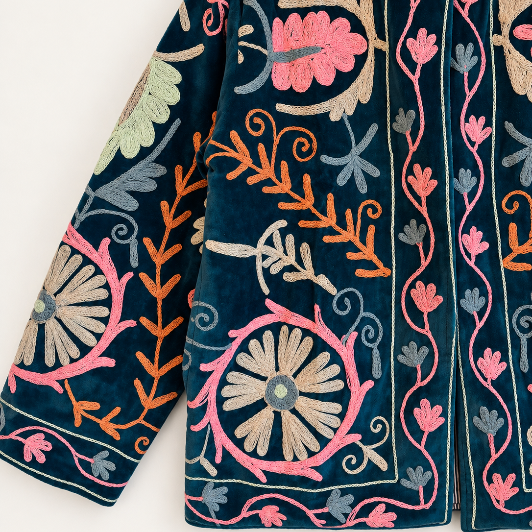Teal Velvet Suzani Jacket with Pastel Floral Embroidery